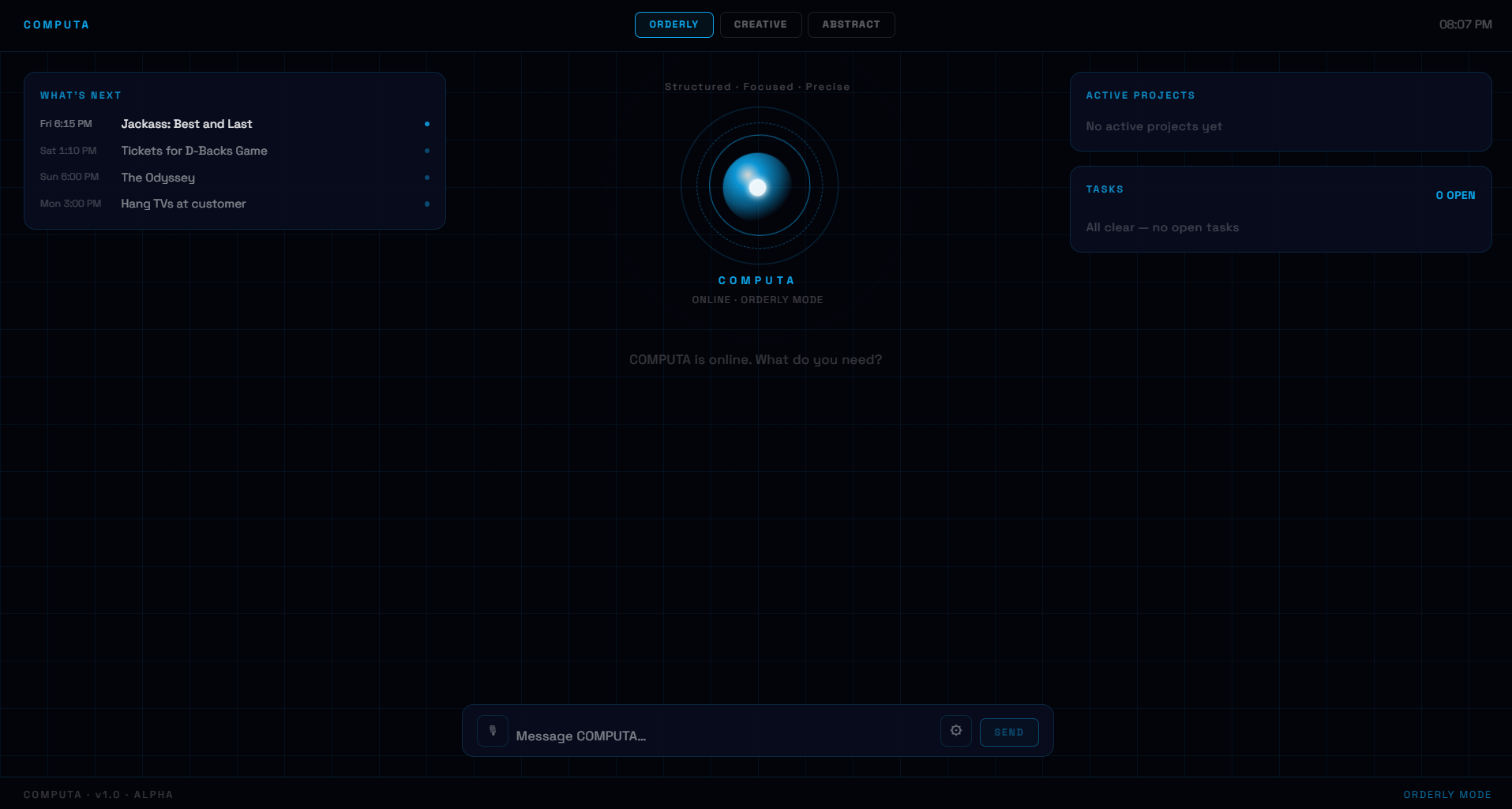 COMPUTA desktop dashboard: the assistant orb, upcoming calendar events, active projects, and tasks