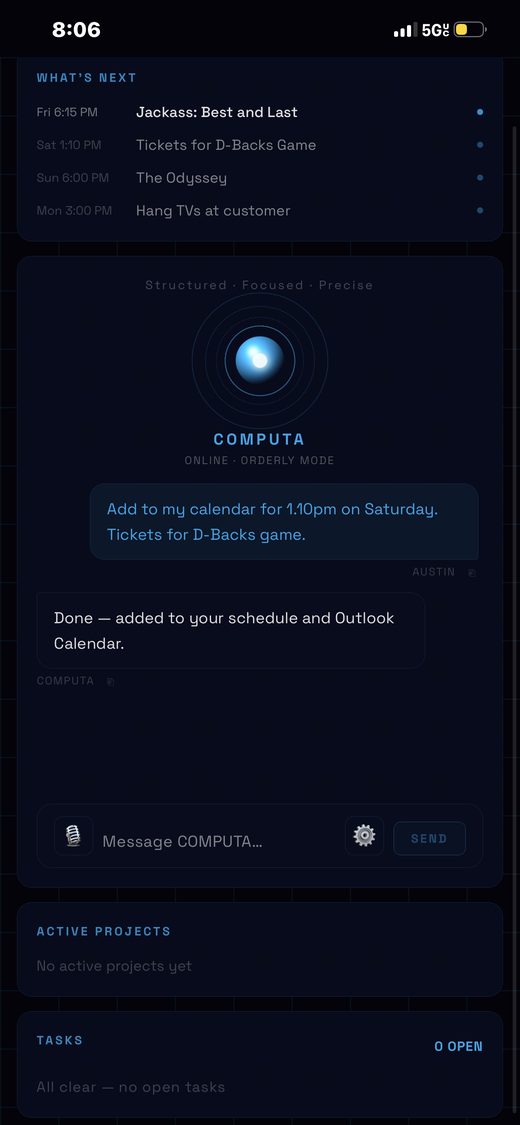 COMPUTA on mobile adding a calendar event and confirming it synced to Outlook Calendar