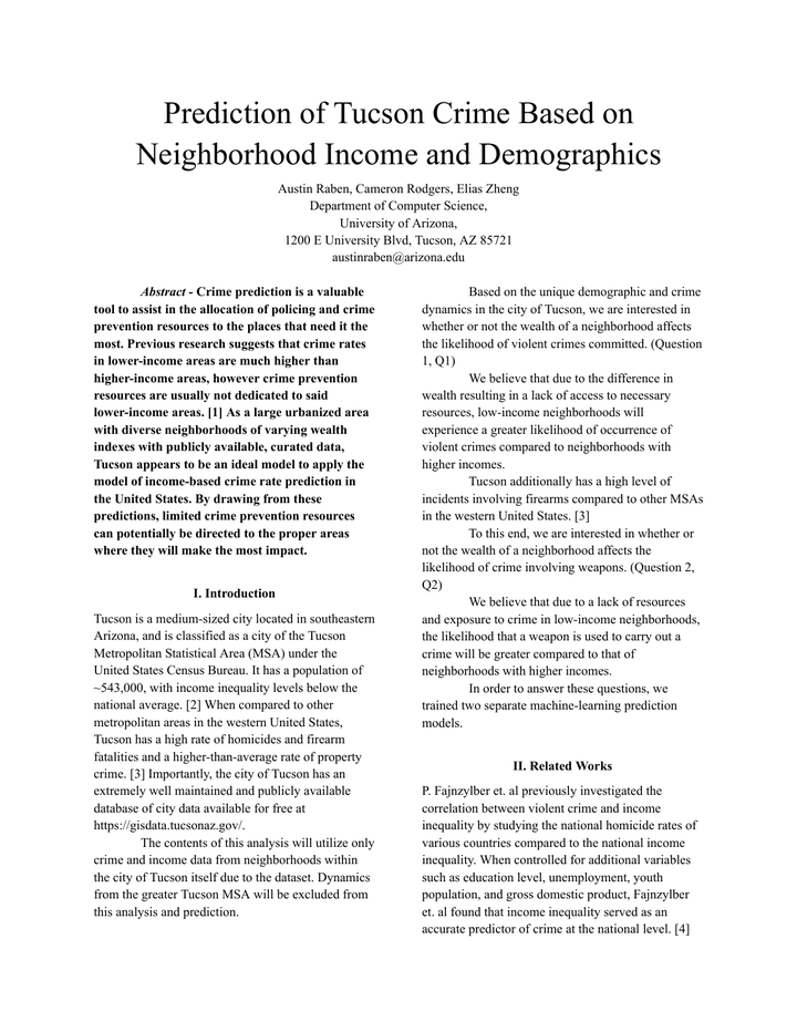 First page of the Tucson crime prediction research report