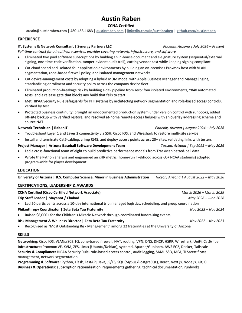 Austin Raben r&eacute;sum&eacute;, click to view the full PDF